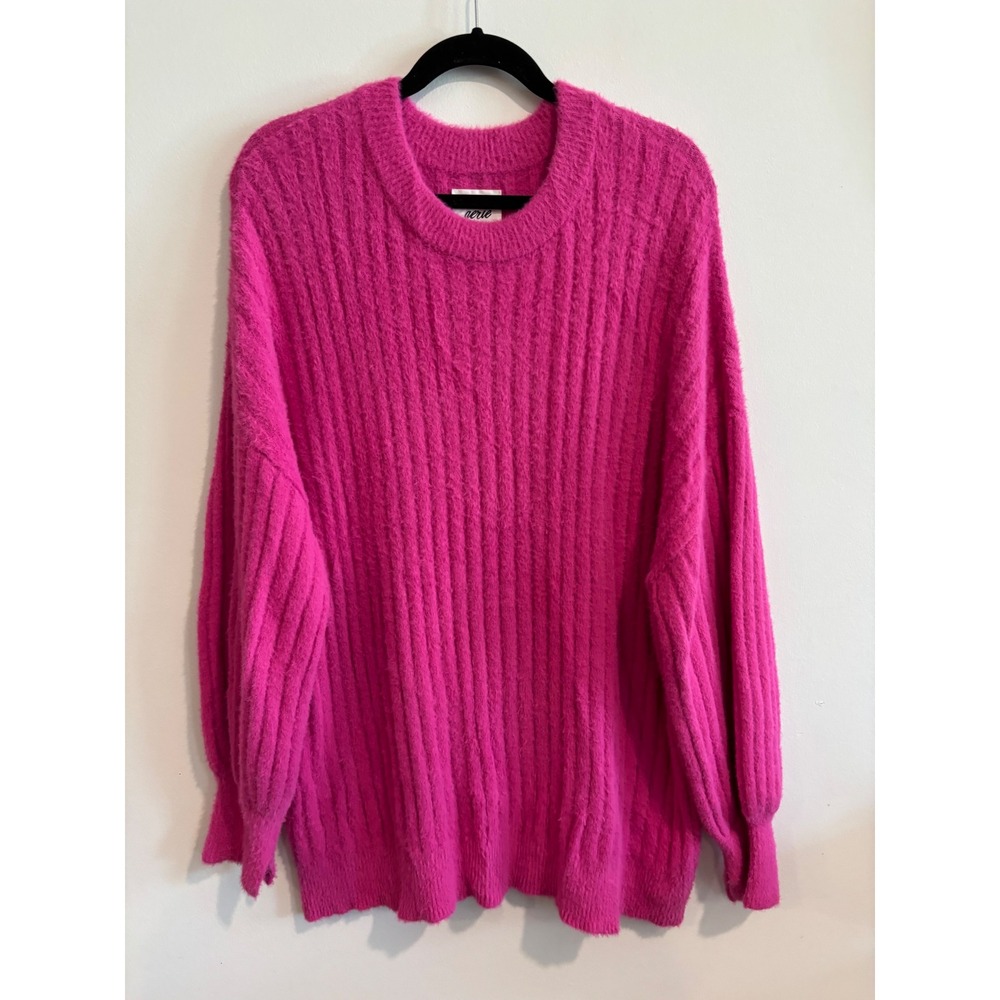 Aerie Oversized Ribbed Knit Sweater Womens‎ Large Pink Fuzzy Balloon Sleeve